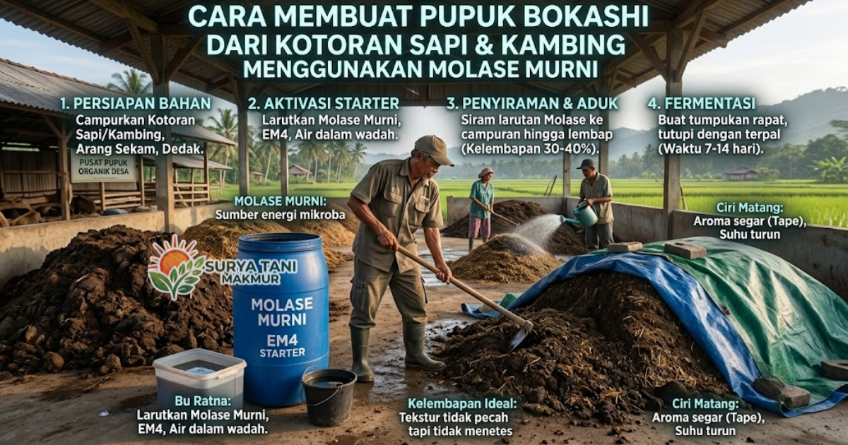 Cara Fermentasi Kotoran Sapi dan Kambing Menjadi Pupuk Bokashi Menggunakan Molase Murni